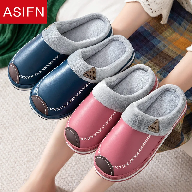 

ASIFN тапки из кожи ПУ водонепроницаемая женская обувь большого размера зимняя хлопковая домашняя женская мужская меховая парная внутренняя ...
