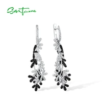 santuzza 100 925 sterling silver drop earrings for woman black spinel white cubic zirconia winter flowers trendy fine jewelry