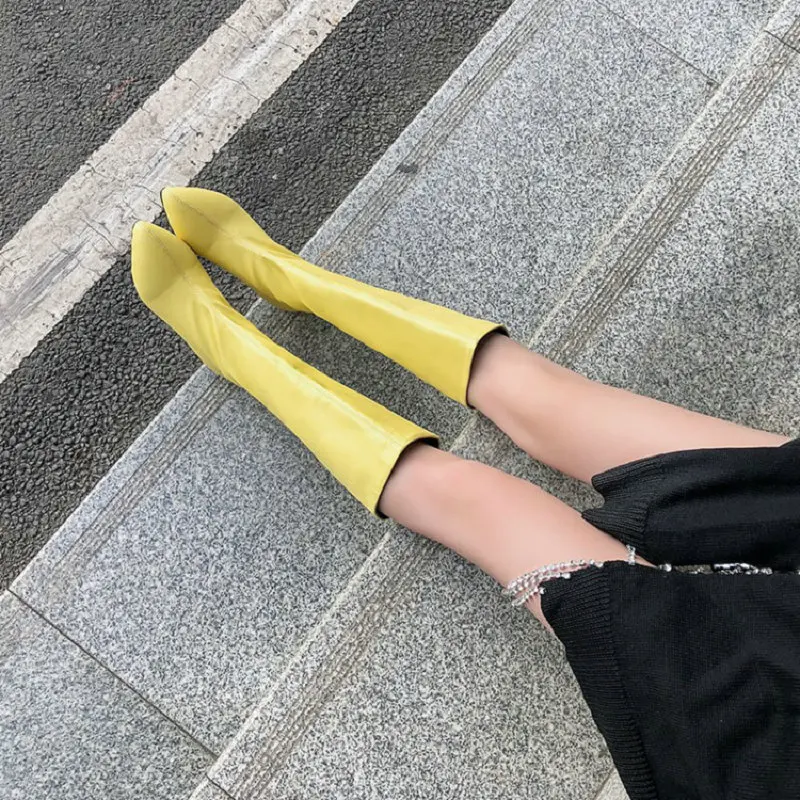 ZawsThia winter autumn yellow purple pink woman boots pointed toe low square heels mid-calf boots for women big size 34-48