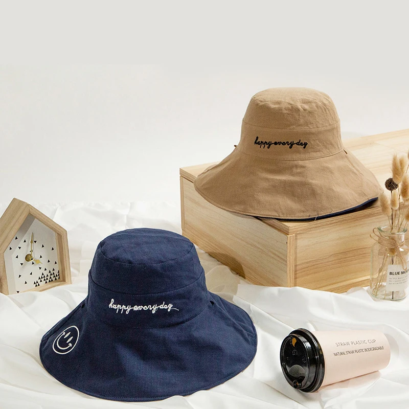 

Summer Sun Hats Bucket Hat 2020 New Fashion Foldable Bucket Hats Reversible Wide Brim Fisherman Cap UV Protection Smile Face