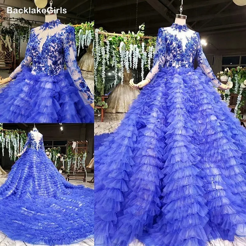 Королевское синее вечернее платье больших размеров длинное фатиновое с рюшами