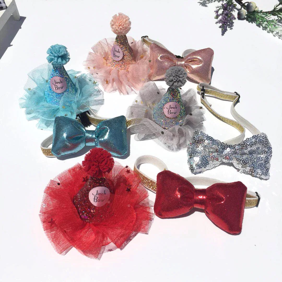 

Тюль для кошек/собак, 1 комплект, Блестящий галстук, шляпа на день рождения, повязка на голову, блестящая розовая синяя тематика для домашних ...