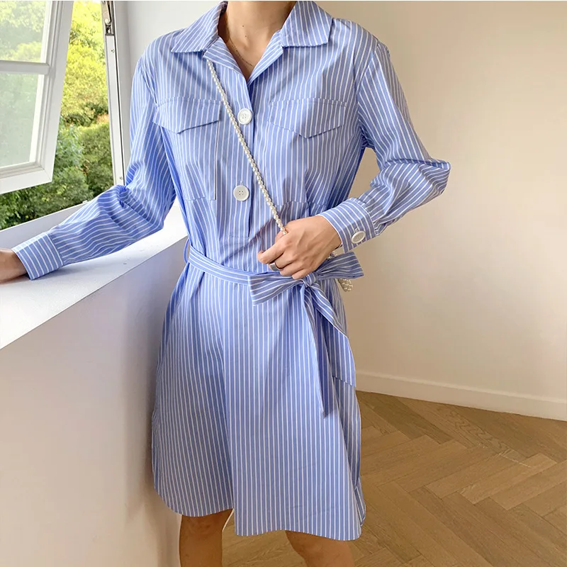 [EWQ] Весна-Осень 2020 новая полосатая рубашка с отложным воротником и длинным