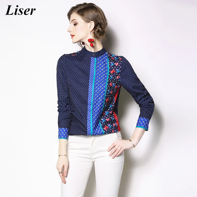 2019 офисные Топы в горошек с цветочным принтом Blusa модные роскошные топы длинными
