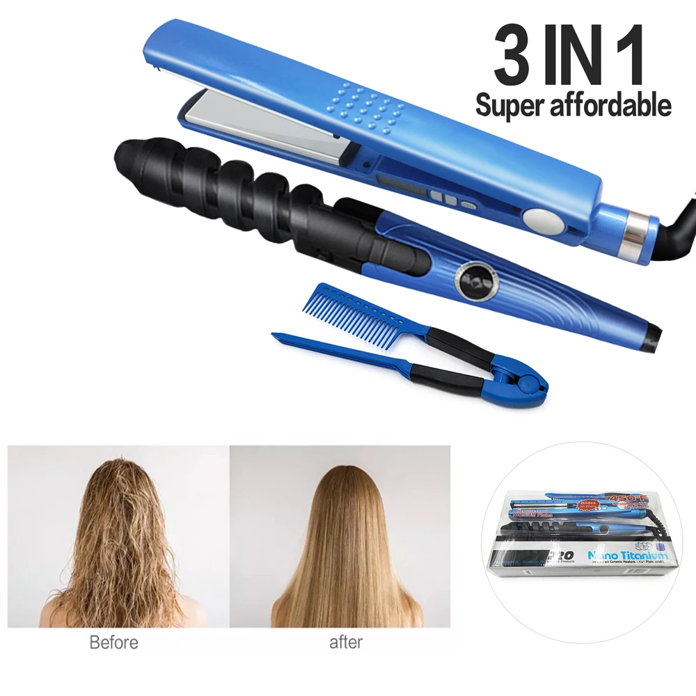 

Hair Straightener & Curling Iron Flat Iron 3pc Ceramic Nano Titanium 11/4 Plates Hair Curler Hair Comb 3 IN 1 Styler Tools Set