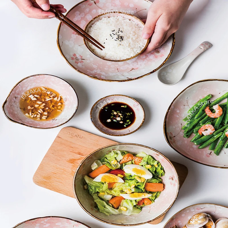 New Snow Sakura Bowl Japanese Tableware Dish Ceramic Plate Soup Bowl Household Creative Rice Bowl Dish Single