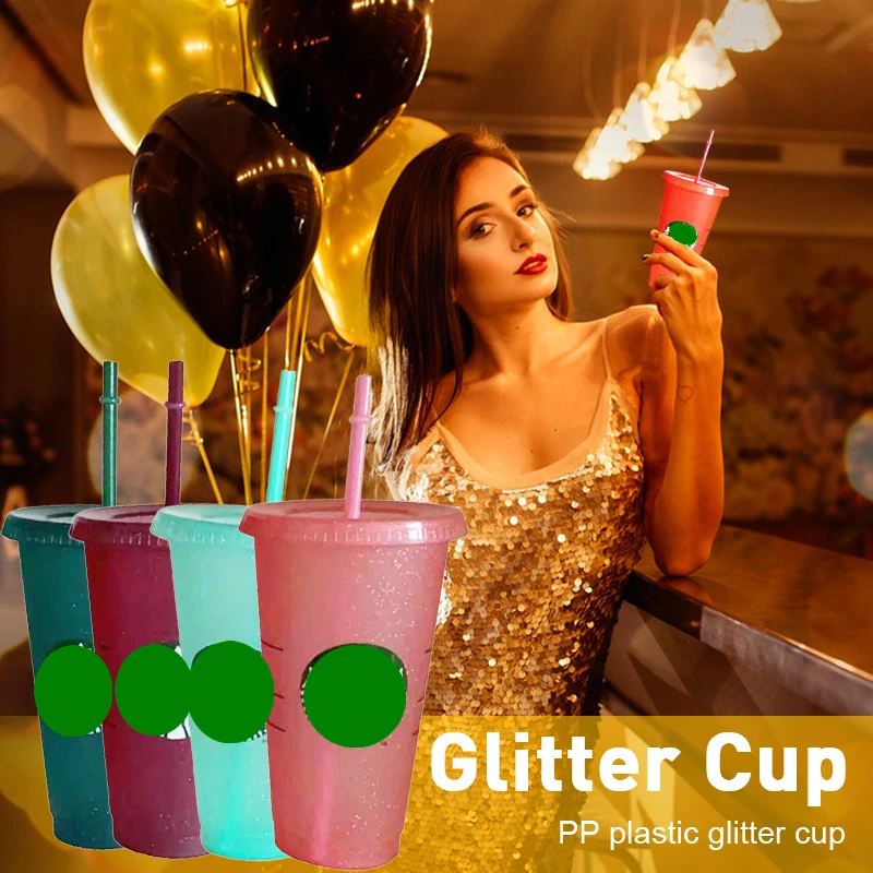 

5PCS Glitter Tumblers With Logo Straw Cup Party Cold Drink Five Colors 700ml Reusable Cups Cold Color Change Plastic Tumbler