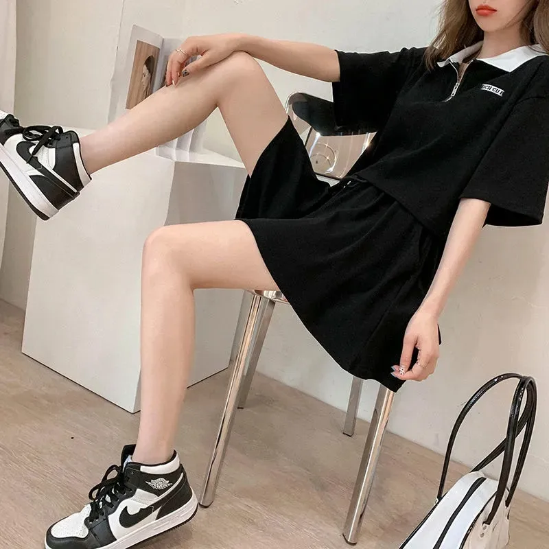 

Summer Solid Cotton two piece women Fashion Zipper Half open collar half sleevetop+Drawstring Short Young Style Casual Loose set