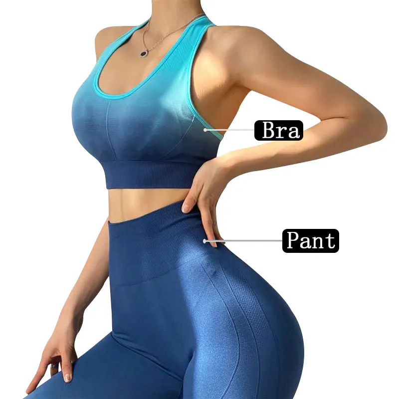 

Бесшовный Женский комплект для йоги с градиентом, спортивная одежда для тренировок, одежда для спортзала, спортивный бюстгальтер, топы для ...
