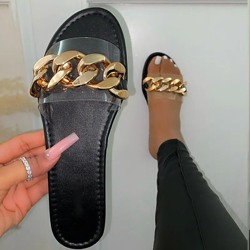 

2021 Women's Slippers New Summer Fashion Flat Sandals European Plus Size Women's Metal Chain Beach Flip Flops Female Sandals