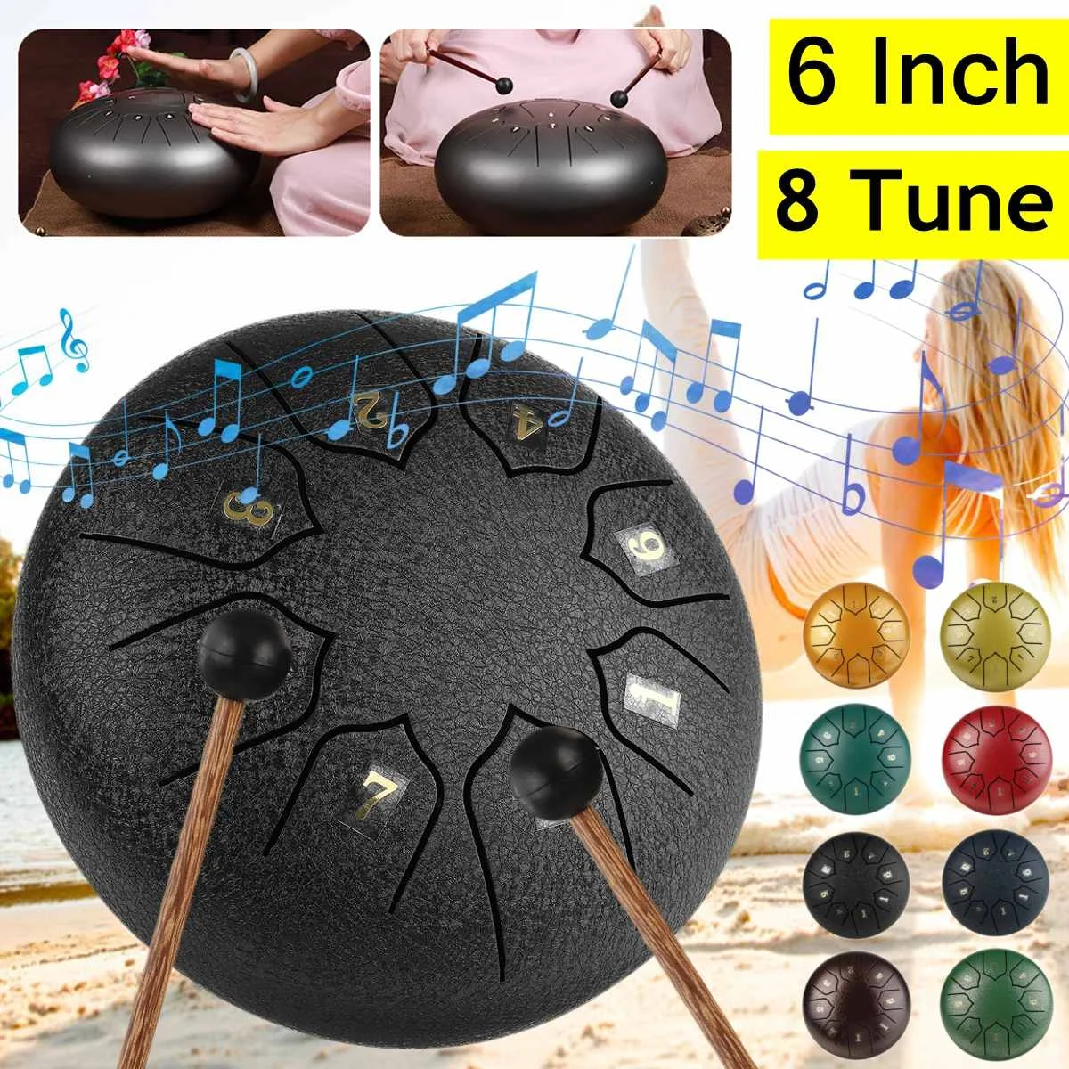 

6 inch Steel Tongue Drum 8 Tune Notes C Key With Drumstick Drum Bag Sheet music Tank Drumstick Stand Percussion Instruments