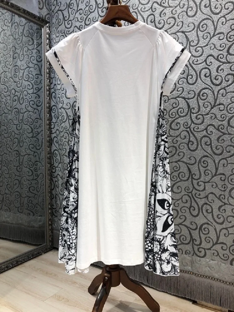 

High Quality Cotton Dress 2021 Summer Style Women Vintage Print Patchwork Short Sleeve Casual White Blue Black T-Shirt Dress