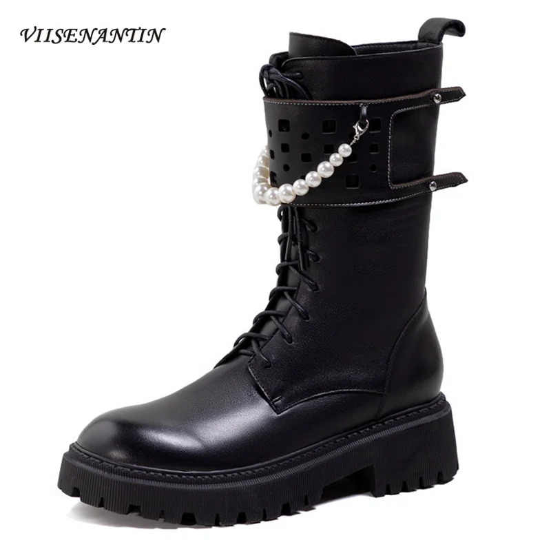 

Pearl Martin Boots Female 2021 New Cowhide Round Toe Medium Thick Heel Hollow Thick Bottom Trendy Punk Handsome Short Boots