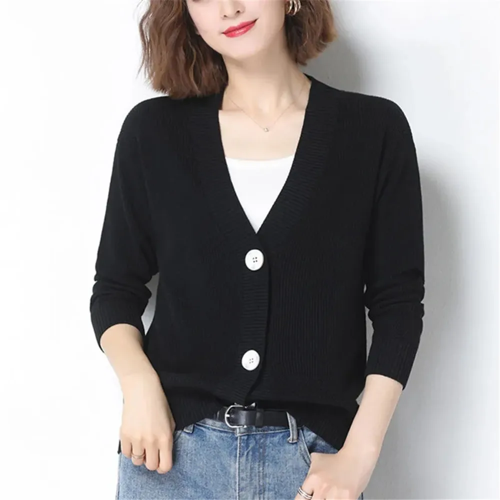 

Women's Cardigan Sweater Spring 2021 Fashion Elegant Short For Knitted Sweater V-Neck Slim Solid Color Buttons Casual