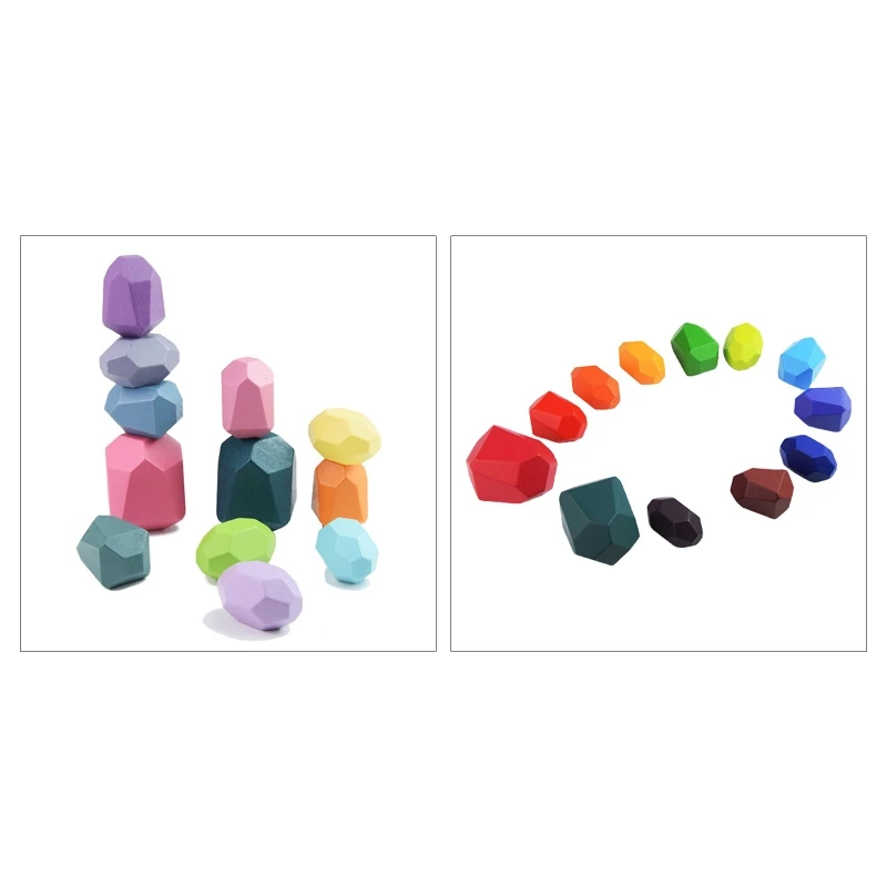 

12 Pcs Children Wooden Colored Stone Stacking Game Building Block Kids Toys Gift
