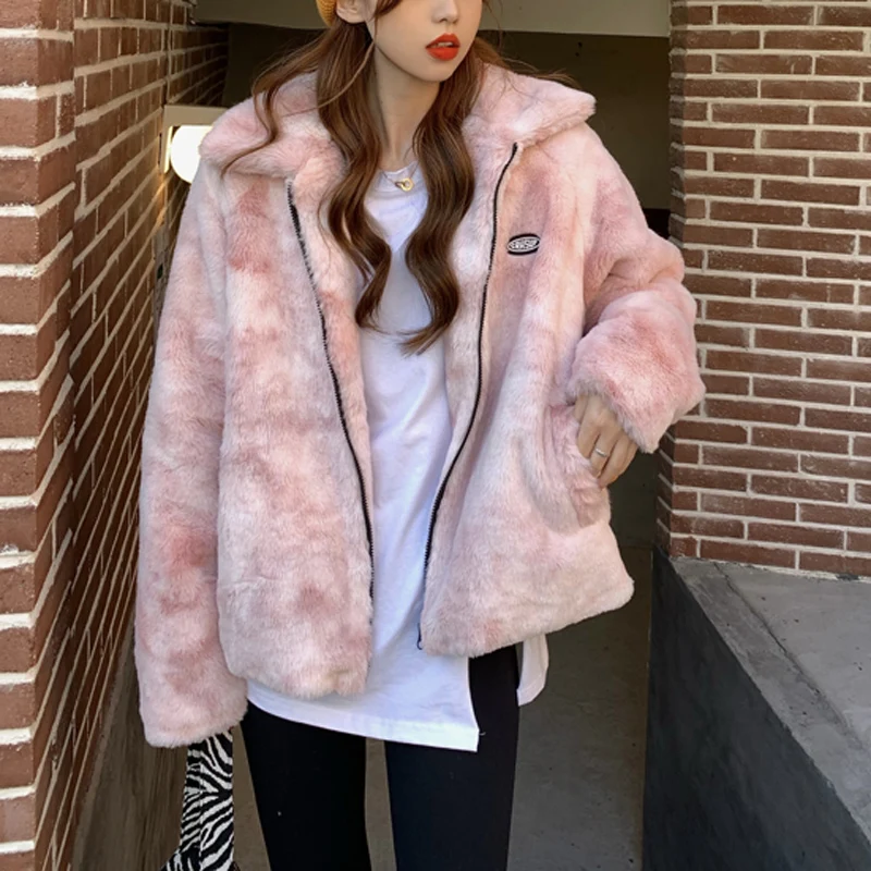PERHAPS U Women Gray Pink Faux Fur Jacket Outwear Zipper Warm Thick Tie dye Chic Elegant C0476
