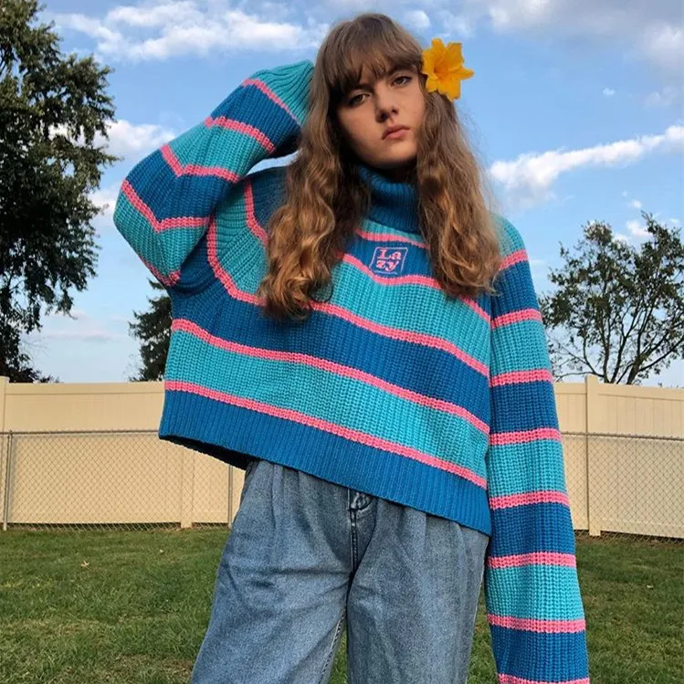 

Women's Sweaters Lazy Wind Letter Embroidery Color Matching Striped High Collar Sweater Harajuku Clothing For Women