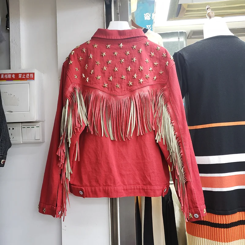 

Red Black Blue Denim Jacket Women Fashion Star Rivet Suede Fringe Loose Long Sleeve Outwear Female Streetwear Boho Jeans Jackets