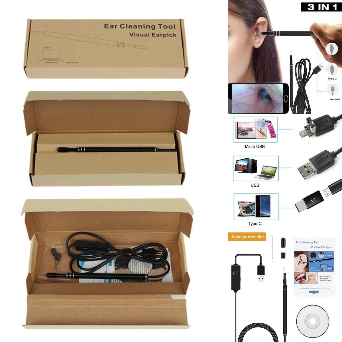 

Ear Otoscope Megapixels Ear Scope Inspection Camera 3 In 1 USB Ear Digital Endoscope Earwax Cleansing Tool With 6led