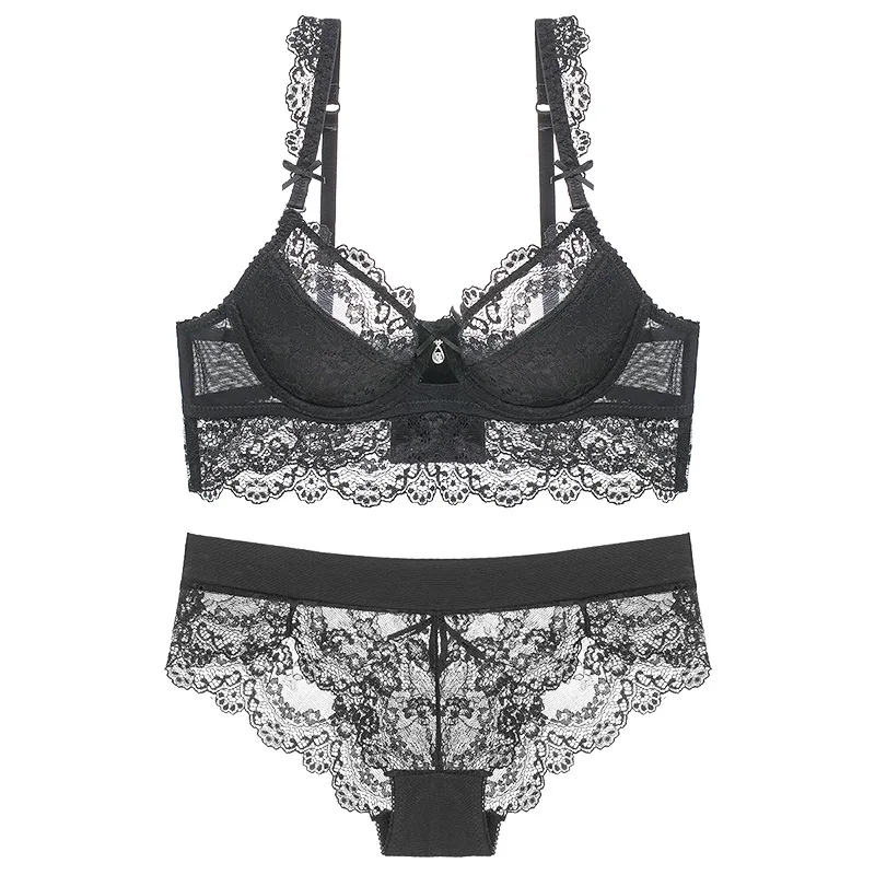 

Classic Elegant Women's Brief Sets Gather Seamless Lace Bra Set Breathable Hollow Sexy Hip Lift Ladies Panties Casual Large Size