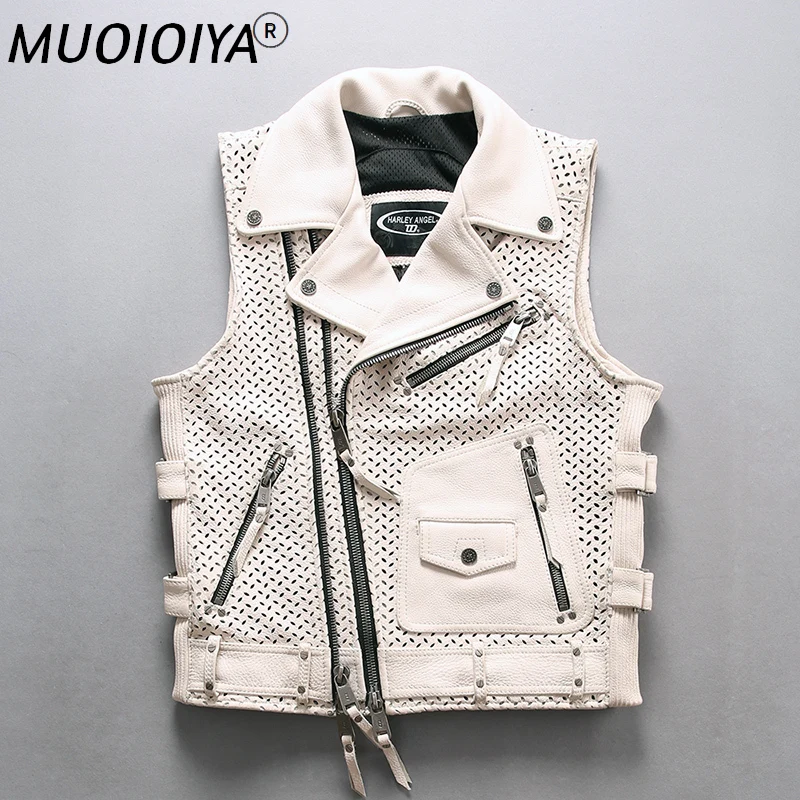 

Factory 2021 New Men Genuine Leather Jacket Vest Fashion personality mesh breathable Cowhide Jacket Motorcycle Biker Jacket Vest