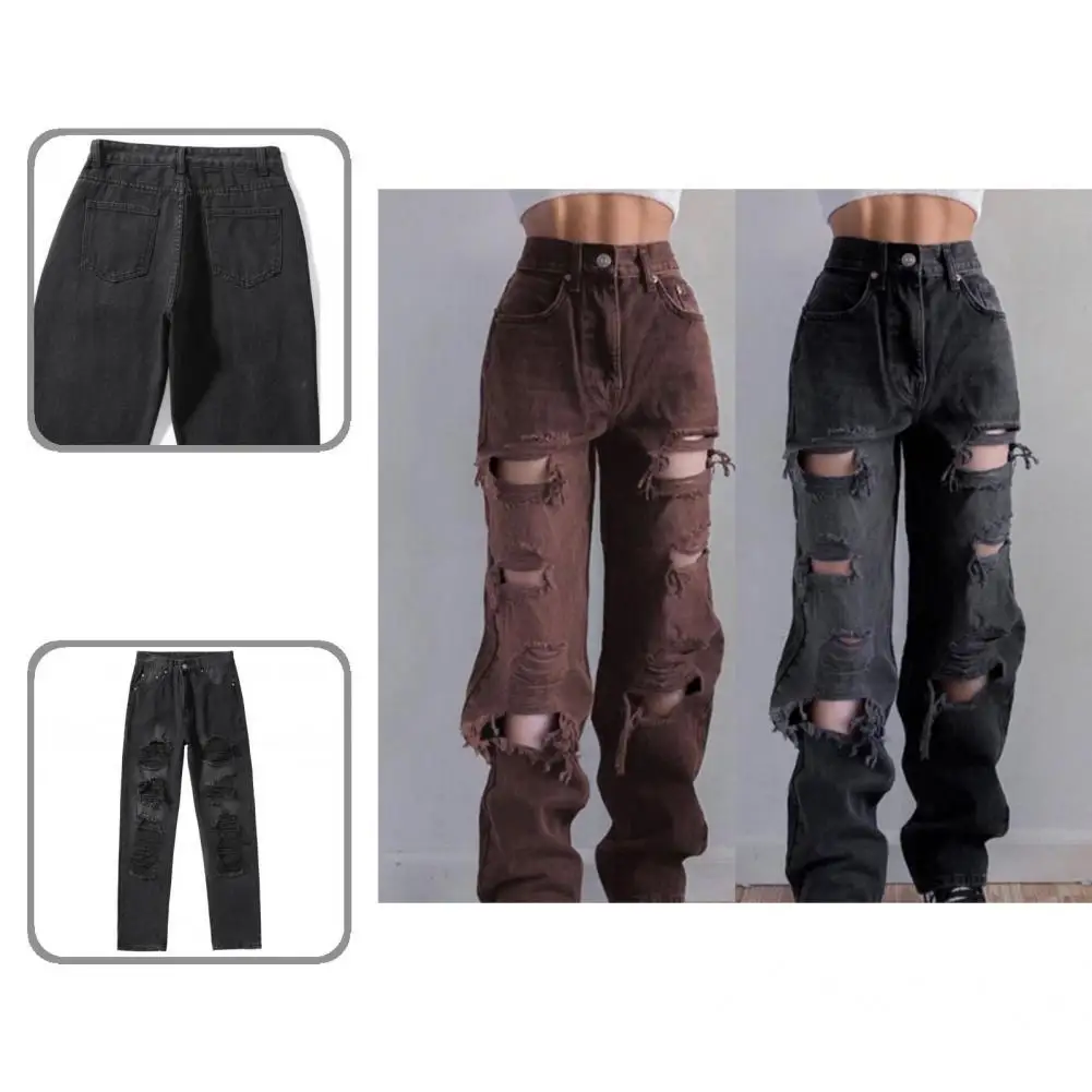 

Straight Skin-friendly Button Closure High Waist Ripped Jeans for Dating