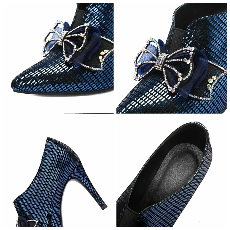 

SIMLOVEYO Ladies Spring Autumn Pumps Pointed Toe 8cm Thin High Heels Sheepskin Slip on Rhinestone Bowtie size 34-39 Casual B1897