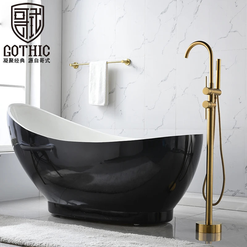 

Floor Mount Bathtub Faucet Freestanding Tub Filler Brushed Gold Standing Shower Faucets Handheld Shower Mixer Taps Swivel Spout