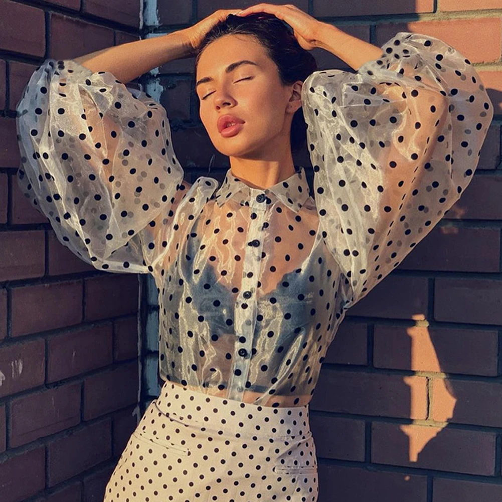 Женская прозрачная блузка в горошек с v образным вырезом и пышными рукавами на