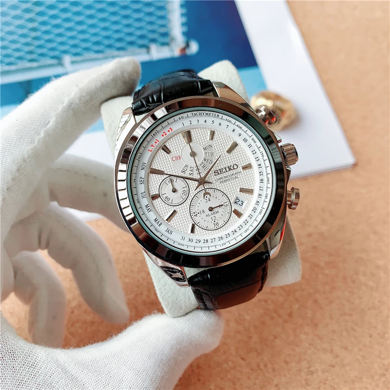 

Новинка 2022, мужские Роскошные Кварцевые часы Seiko для отдыха, классические модные деловые часы с кожаным ремешком и подарочной коробкой