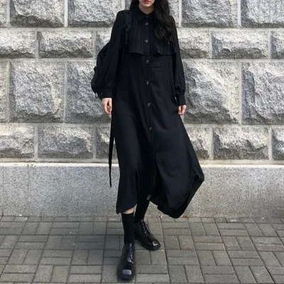 Платье Dark Girl 2020 осеннее маленькое в стиле Ямамото Лоскутная плиссированная