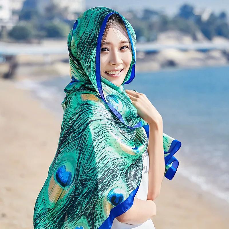 

Silk scarf Women large size 180*90cm beautiful peacock feather print luxury smooth long scarves shawls wraps