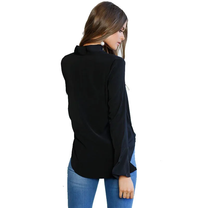Черная элегантная шифоновая блузка с бантом и воротником Женская однотонная