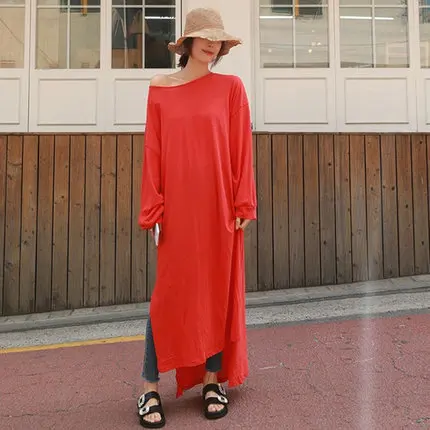 

Vestidos De Fiesta Women Ankle Length Long Sleeve Beach Dress Harajuku Slash Neck Side Split Autum Sweatshirt Holiday Dresses