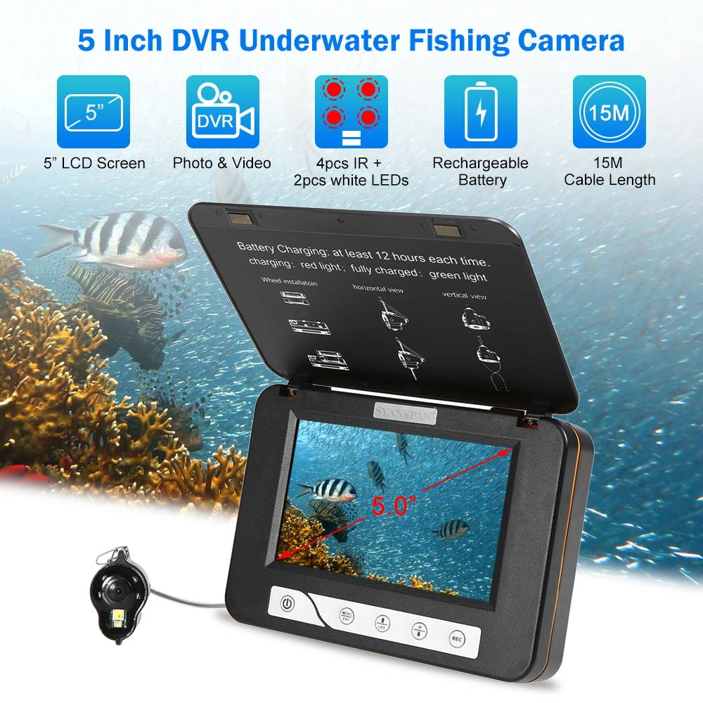 

1000TVL Underwater Ice Fishing Camera 15M Fish Finder 4pcs Infrared 2pcs White Leds Night Vision Camera 5 Inch Monitor with Bag