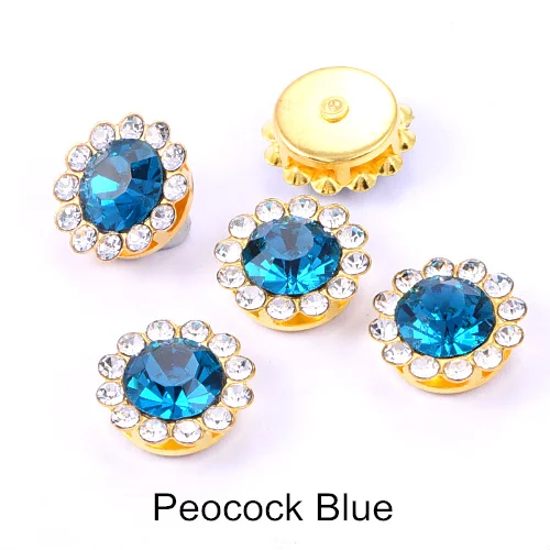 Peocock Blue 20шт цветок круглой формы стразы с Золотым дном с плоской задней стороной Клей На Стразы бусины для DIY ремесло свадебное платье B1265 - Цвет: Peocock Blue