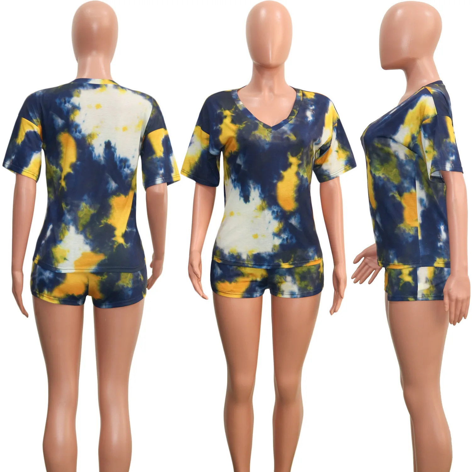 

Fashion Women's Suit New Summer Casual Hot Sale V-neck Pullover Tie-dye Printing Home Sports Shorts Two-piece Suit Donsignet
