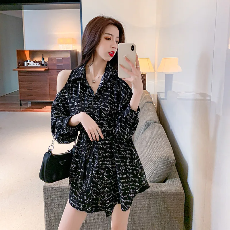 

Real Shot 2021 Summer Fashion Women Midi Dress Off Shoulder V-Neck Long Sleeves Single Breasted Print Loose Chiffon LX0047