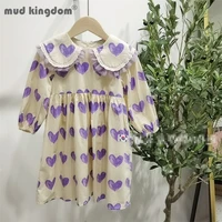 mudkingdom cute girls heart dress lace turn down collar long puff sleeve loose princess dresses for kids drop shoulder clothes