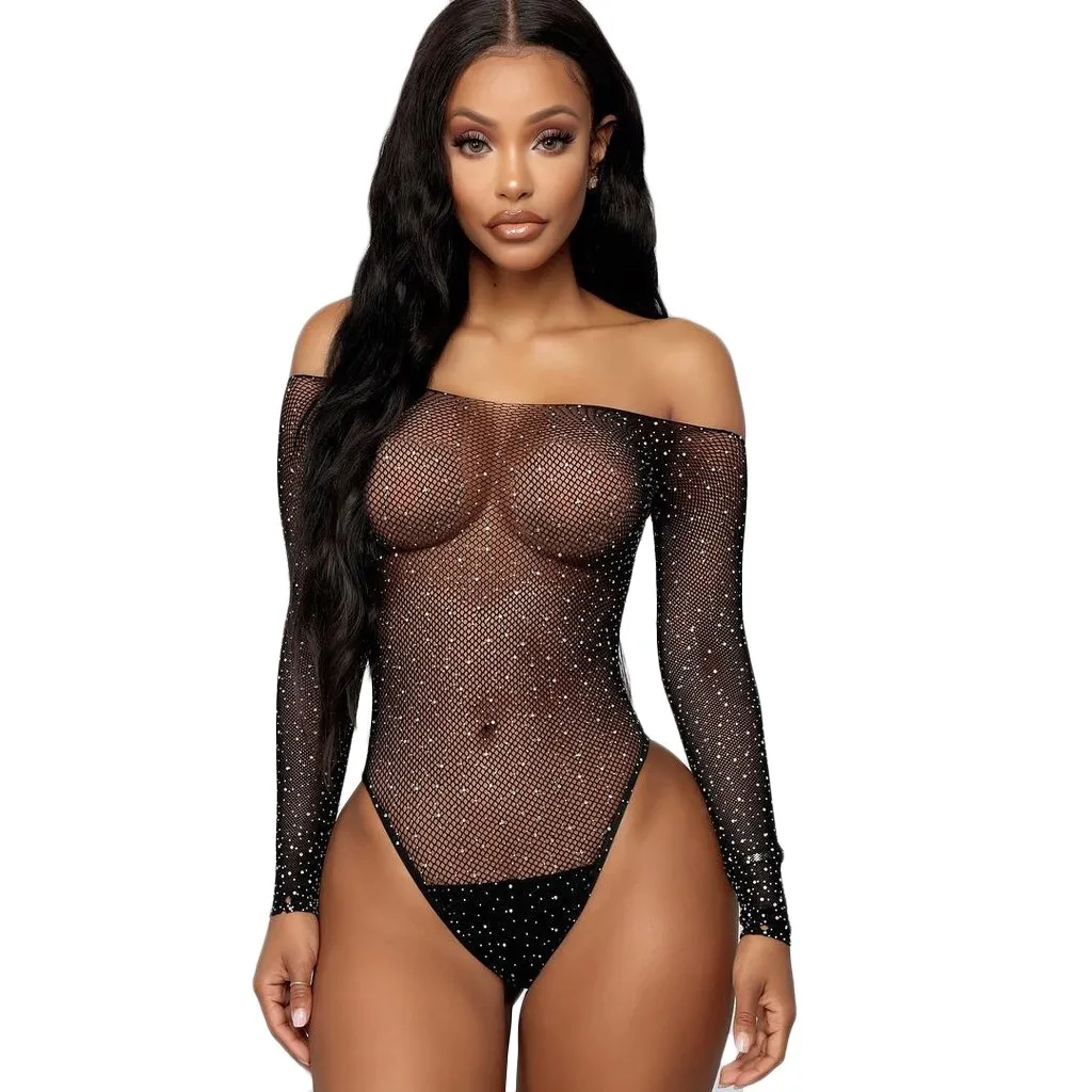 Women Black Lace Fishnet Erotic Clothes Fetish Bodysuit For Sex Rhinestone Lingerie Off- Shouder Jumpsuit | Тематическая одежда и