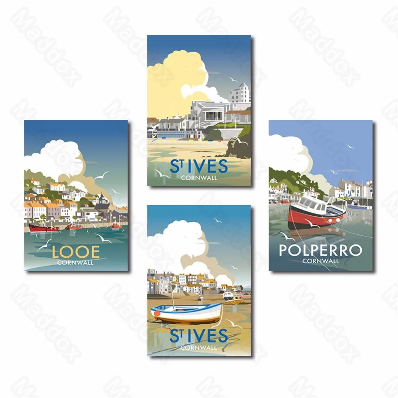 

Frameless Printed Canvas Painting Western Style Buildings Seaside Residents Vessels Fishing Boats Realistic Creative Poster