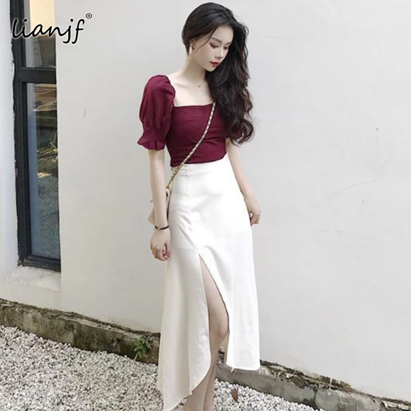 

Для женщин однотонный короткий рукав, комплект из двух предметов элегантные женские узкие простые неправильной формы Высокая Талия Мода кр...