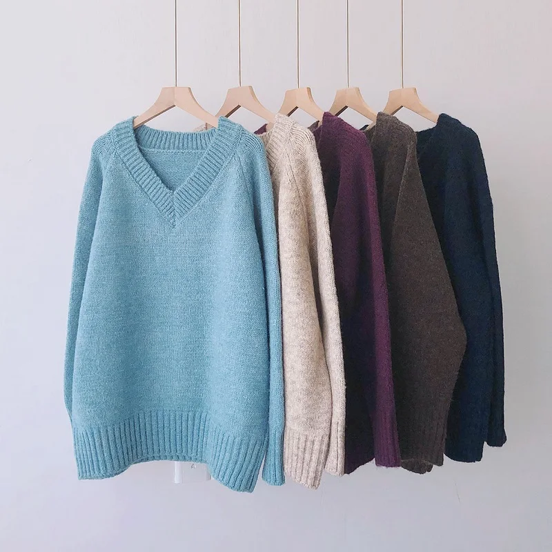 

Autumn Winter Women V Neck Sweater Oversize Wool Warm Pullovers Sweater Long Sleeve Cashmere Loose Jumper Knitted Sweater Top