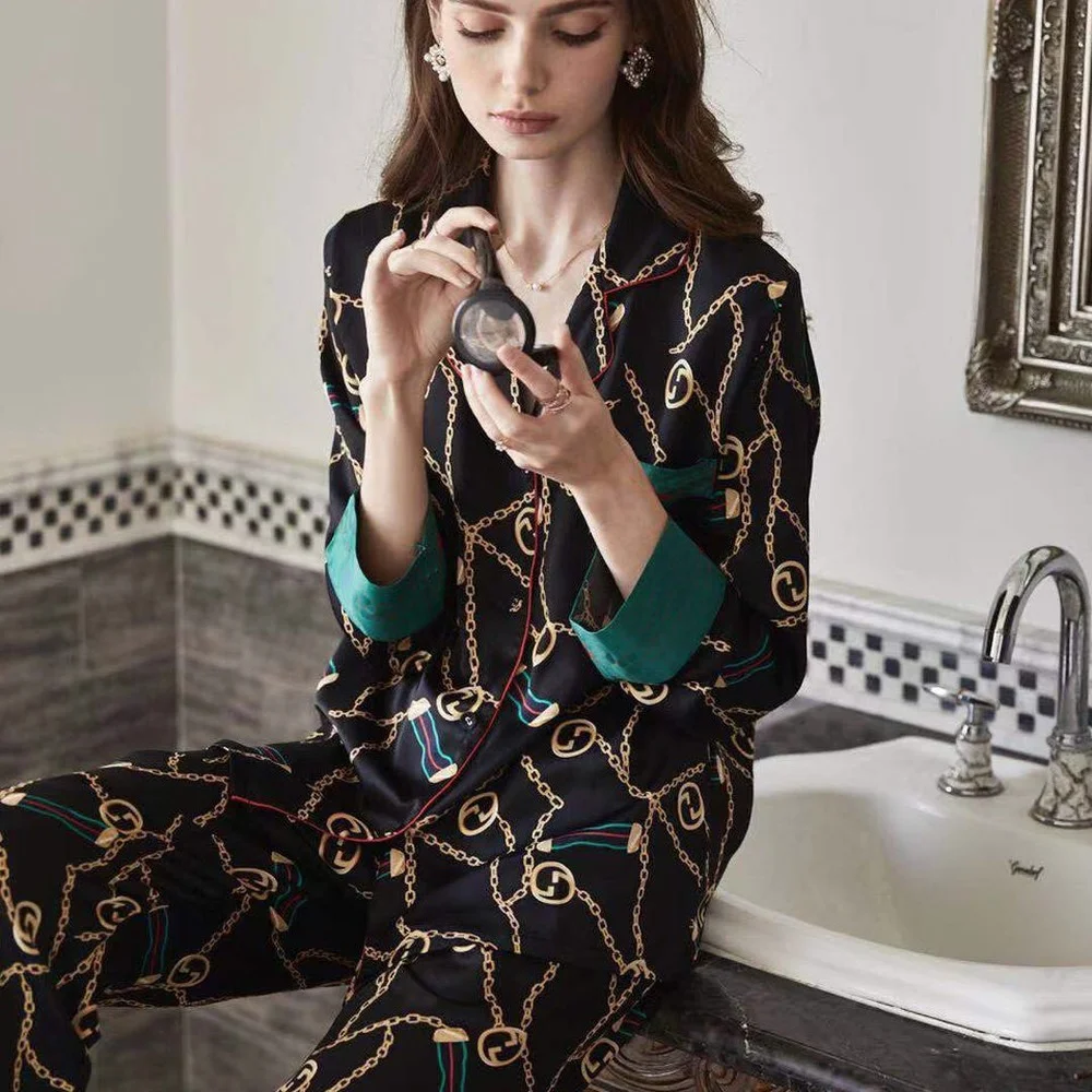 

2022Spring Fall Ice Silk Lady Winter Lapel Home Service Set Long Sleeve Nightgown Female Casual Nightwear Pyjamas Two-piece Suit