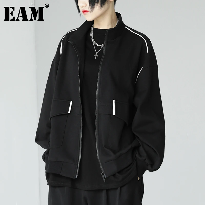 

[EAM] Loose Fit Black Color-block Casual Jacket New Stand Collar Long Sleeve Women Coat Fashion Tide Spring Autumn 2021 1DE3589