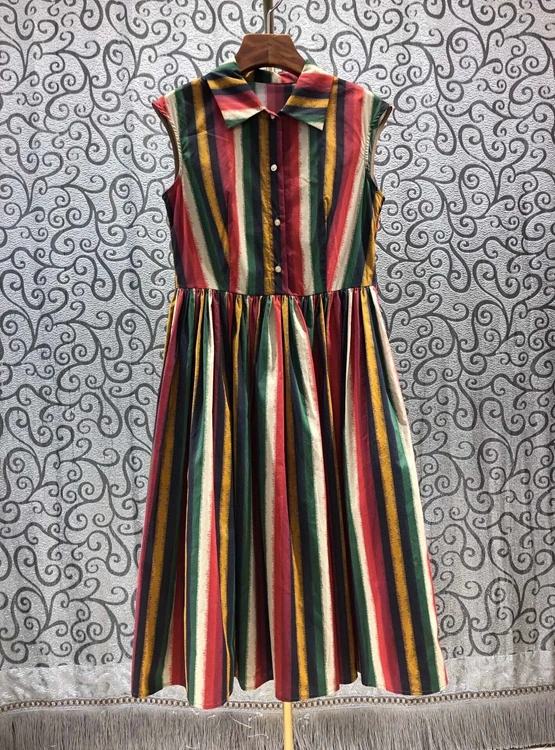 

Женское платье без рукавов, платье в Вертикальную Полоску с отложным воротником и декоративной талией, 2021, новинка 425