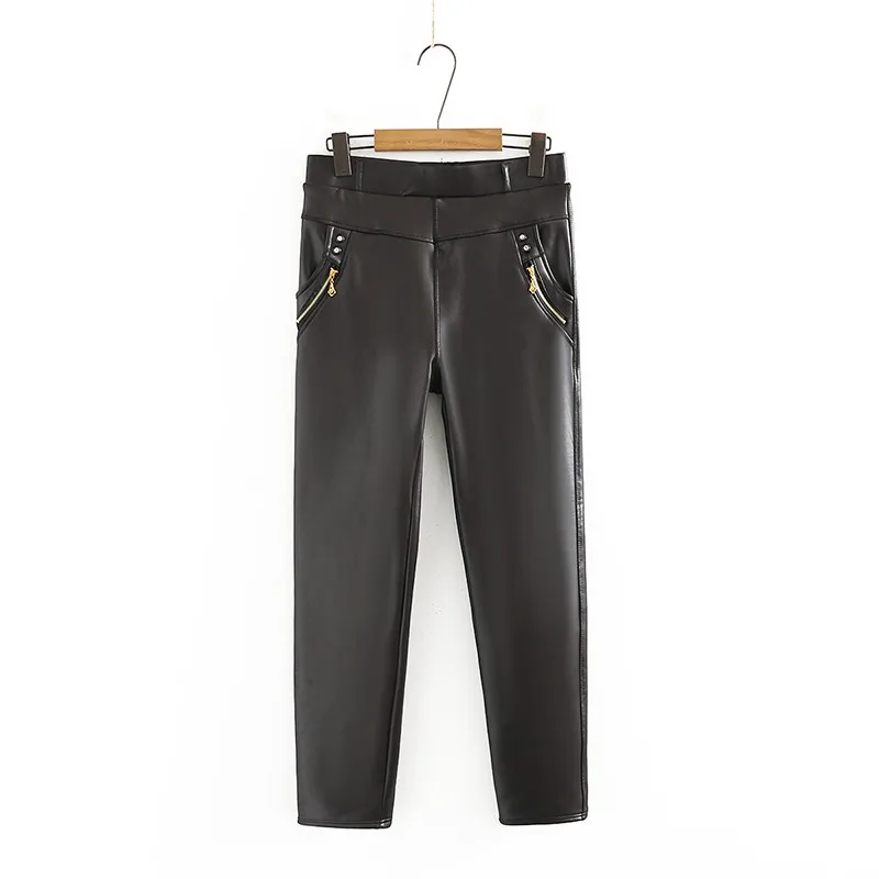 

Solid Color Faux Leather Casual Pants Straight Pants Autumn Women Pu Leather Pants Black Sexy Stretch Bodycon Trousers Women