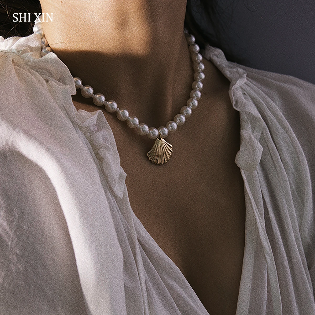 Элегантное круглое жемчужное ожерелье чокер SHIXIN с бусинами корейские ожерелья