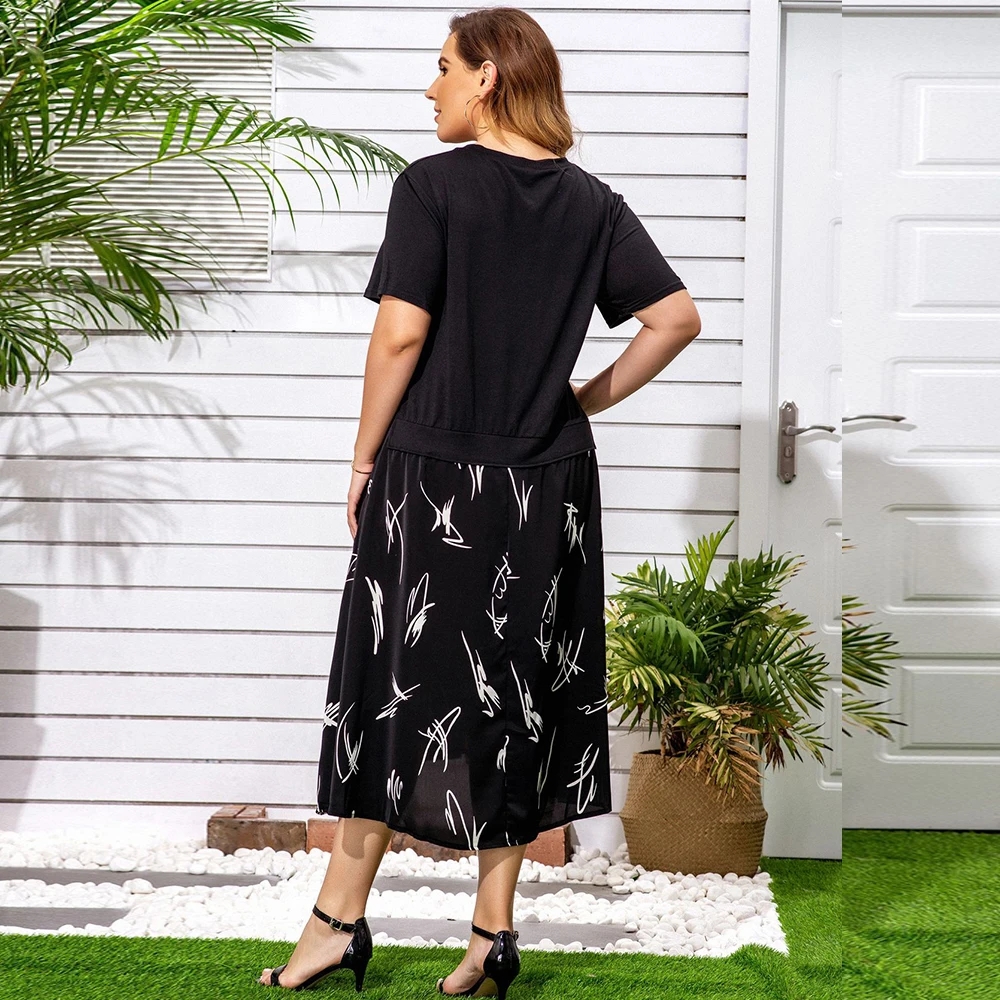 

Maxi Dress Plus Size Women Summer O Neck Short Sleeve Print Patchwork Casual Dress Black Loose Oversized Long Dresses