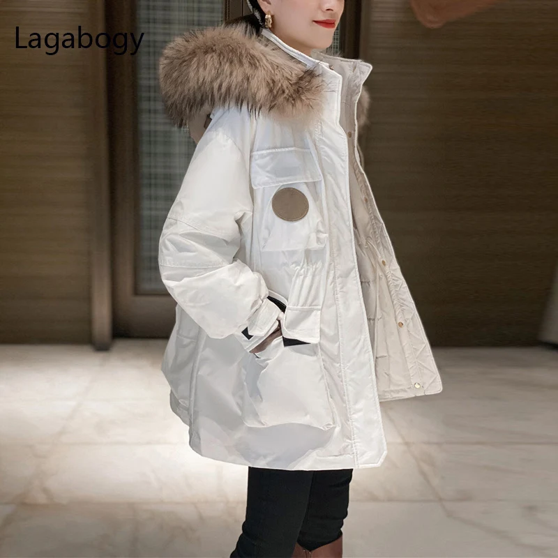 

Lagabogy 2021 Large Real Raccoon Fur New Winter 90% White Duck Down Coat Thick Warm Hooded Loose Parka Female Snow Puffer Jacket